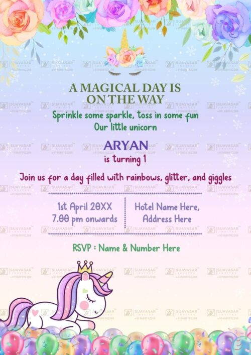 Unicorn Theme Birthday Invitation Card 01